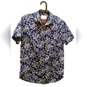Blue Fillagre button down Short Sleeve Slim Fit Mens Shirt  Denim And Flower M